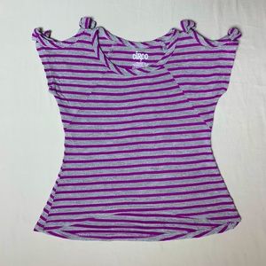 Gray & Purple Stripe Short Sleeve Tee Shirt Girls XS Cold Shoulder Spring Summer